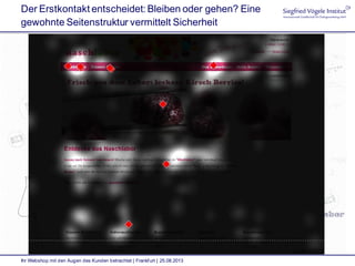 Der Erstkontakt entscheidet: Bleiben oder gehen? Eine
gewohnte Seitenstruktur vermittelt Sicherheit
Ihr Webshop mit den Augen des Kunden betrachtet | Frankfurt | 25.08.2013
 