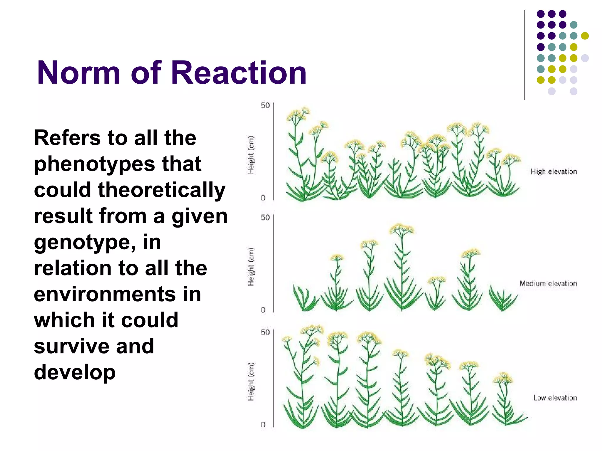 Norm of Reaction
Refers to all the
phenotypes that
could theoretically
result from a given
genotype, in
relation to all the
environments in
which it could
survive and
develop
 