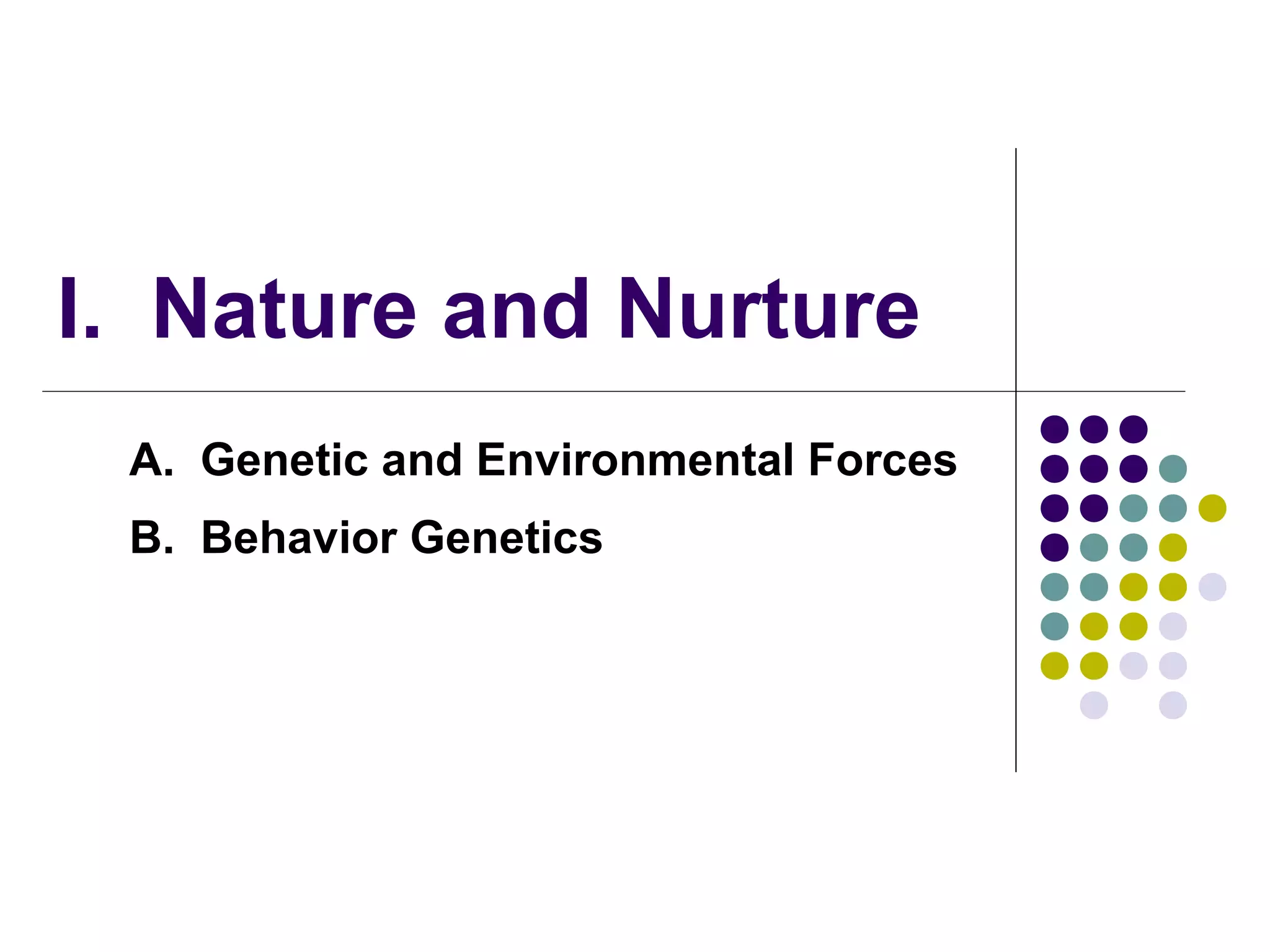 I. Nature and Nurture
A. Genetic and Environmental Forces
B. Behavior Genetics
 