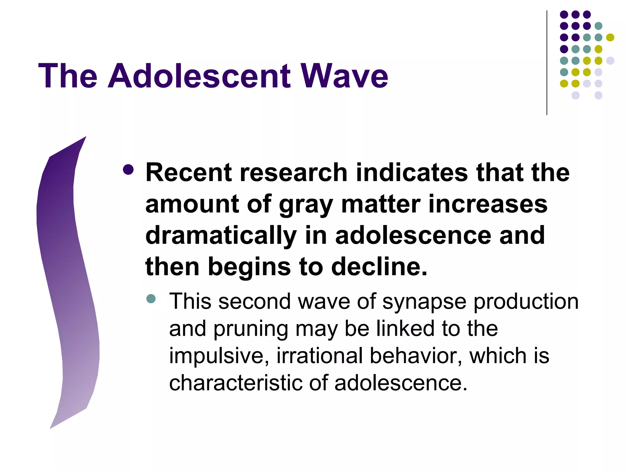The Adolescent Wave
 Recent research indicates that the
amount of gray matter increases
dramatically in adolescence and
then begins to decline.
 This second wave of synapse production
and pruning may be linked to the
impulsive, irrational behavior, which is
characteristic of adolescence.
 