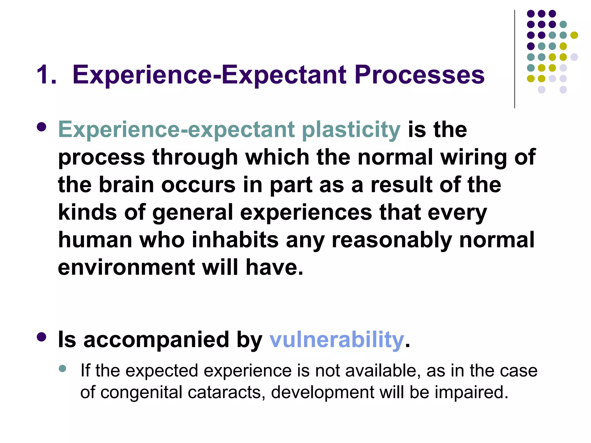 1. Experience-Expectant Processes
 Experience-expectant plasticity is the
process through which the normal wiring of
the brain occurs in part as a result of the
kinds of general experiences that every
human who inhabits any reasonably normal
environment will have.
 Is accompanied by vulnerability.
 If the expected experience is not available, as in the case
of congenital cataracts, development will be impaired.
 