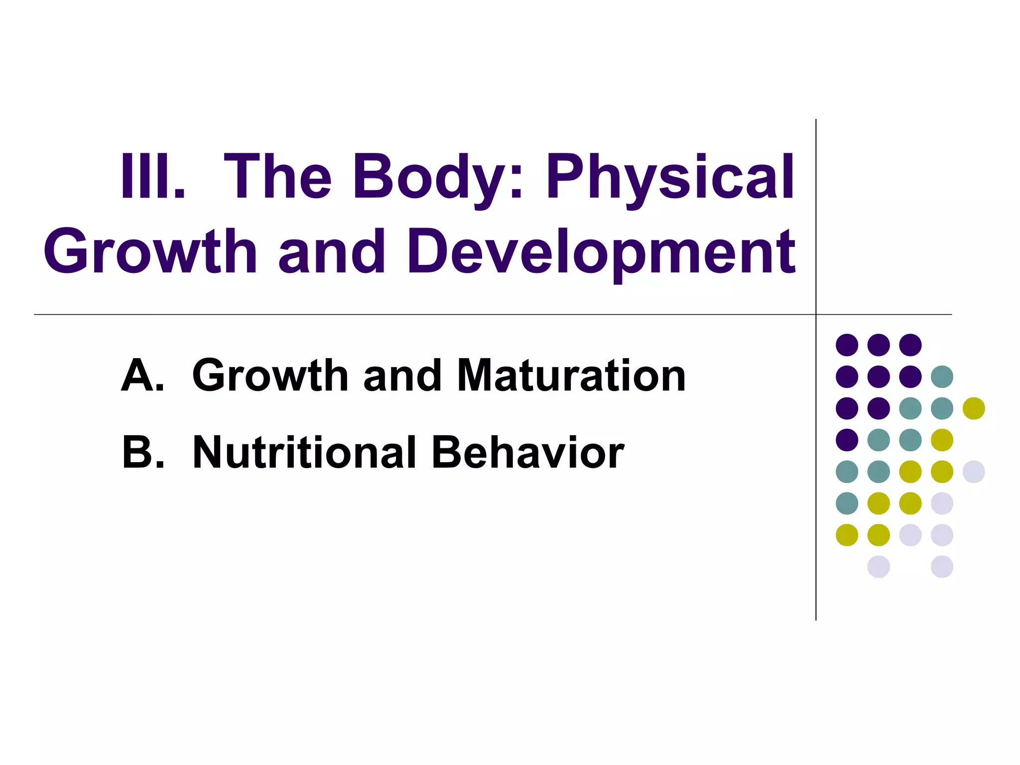 III. The Body: Physical
Growth and Development
A. Growth and Maturation
B. Nutritional Behavior
 