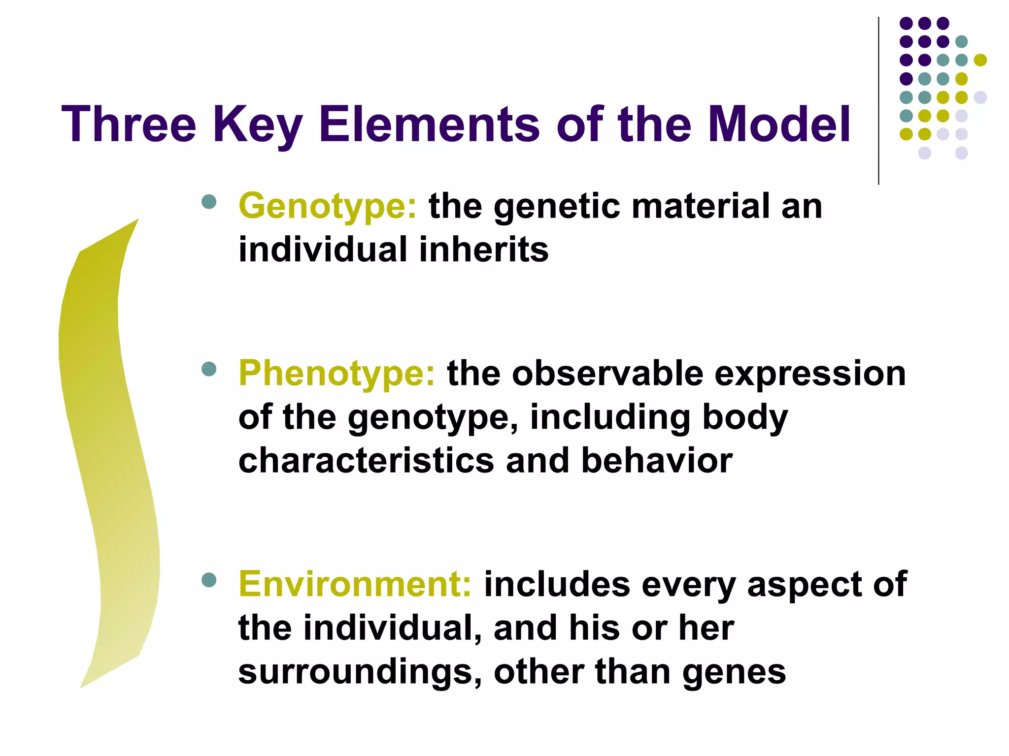Three Key Elements of the Model
 Genotype: the genetic material an
individual inherits
 Phenotype: the observable expression
of the genotype, including body
characteristics and behavior
 Environment: includes every aspect of
the individual, and his or her
surroundings, other than genes
 