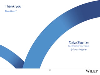 20
Thank you
Questions?
Tzviya Siegman
tsiegman@wiley.com
@TzviyaSiegman
 
