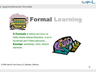 L’apprendimento formale Formal   Learning Il Formale  è ottimo se il bus va nella nostra stessa direzione  e se si ha tempo per l’intero percorso… Esempi : workshop, corsi, lezioni, seminari.  © 2006 Internet Time Group LLC, Berkeley, California 