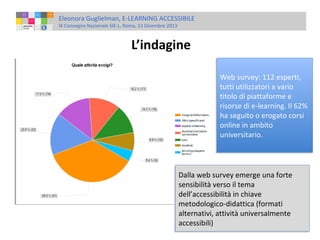 Eleonora Guglielman, E-LEARNING ACCESSIBILE
IX Convegno Nazionale SIE-L, Roma, 13 Dicembre 2013

L’indagine
Web survey: 112 esperti,
Web survey: 112 esperti,
tutti utilizzatori a vario
tutti utilizzatori a vario
titolo di piattaforme e
titolo di piattaforme e
risorse di e-learning. Il 62%
risorse di e-learning. Il 62%
ha seguito o erogato corsi
ha seguito o erogato corsi
online in ambito
online in ambito
universitario.
universitario.

Dalla web survey emerge una forte
Dalla web survey emerge una forte
sensibilità verso il tema
sensibilità verso il tema
dell’accessibilità in chiave
dell’accessibilità in chiave
metodologico-didattica (formati
metodologico-didattica (formati
alternativi, attività universalmente
alternativi, attività universalmente
accessibili)
accessibili)

 