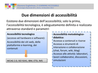 Eleonora Guglielman, E-LEARNING ACCESSIBILE
IX Convegno Nazionale SIE-L, Roma, 13 Dicembre 2013

Due dimensioni di accessibilità
Esistono due dimensioni dell’accessibilità; solo la prima,
l’accessibilità tecnologica, è adeguatamente definita e realizzata
attraverso standard e parametri
Accessibilità tecnologica
Accessibilità tecnologica
(accesso ad hardware e software):
(accesso ad hardware e software):
Accessibilità dei siti web, delle
Accessibilità dei siti web, delle
piattaforme e-learning, dei
piattaforme e-learning, dei
contenuti
contenuti

WCAG 2.0, ISO 9241, IBM, ETSI, IMS
WCAG 2.0, ISO 9241, IBM, ETSI, IMS

Accessibilità metodologicoAccessibilità metodologicodidattica:
didattica:
Accesso aacontenuti e risorse
Accesso contenuti e risorse
Accesso aastrumenti di
Accesso strumenti di
interazione e collaborazione
interazione e collaborazione
(chat, forum, wiki, blog)
(chat, forum, wiki, blog)
Accesso alle attività: laboratori,
Accesso alle attività: laboratori,
lavori collaborativi, discussioni,
lavori collaborativi, discussioni,
simulazioni
simulazioni

 