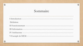 Sommaire
I-Introduction--------------------------------------------------------------------------------
Definition
II-Fonctionnement --------------------------------------------------------------------------
III-Information-------------------------------------------------------------------------------
IV-Architecture ------------------------------------------------------------------------------
V-Exemple de SIEM-------------------------------------------------------------------------
 