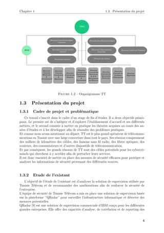 Chapitre 1 1.3. Présentation du projet
Figure 1.2 – Organigramme TT
1.3 Présentation du projet
1.3.1 Cadre de projet et problématique
Ce travail s’inscrit dans le cadre d’un stage de fin d’études. Il a deux objectifs princi-
paux. Le premier est de s’intégrer et d’explorer l’établissement d’accueil et ses différents
métiers, et le second consiste à mettre en pratique les théories acquises au cours des an-
nées d’études et à les développer afin de résoudre des problèmes pratiques.
Et comme nous avons mentionné au départ, TT est le plus grand opérateur de télécommu-
nications en Tunisie avec une large couverture dans tout le pays. Ses réseaux comprennent
des milliers de kilomètres des câbles, des liaisons sans fil radio, des fibres optiques, des
routeurs, des commutateurs et d’autres dispositifs de télécommunication.
Et par conséquent, les grands réseaux de TT sont des cibles potentiels pour les cybercri-
minels qui cherchent à y accéder afin de perturber leurs services.
Il est donc essentiel de mettre en place des mesures de sécurité efficaces pour protéger et
analyser les informations de sécurité provenant des différentes sources.
1.3.2 Etude de l’existant
L’objectif de l’étude de l’existant est d’analyser la solution de supervision utilisée par
Tunisie Télécom et de recommander des améliorations afin de renforcer la sécurité de
l’entreprise.
L’équipe de sécurité de Tunisie Télécom a mis en place une solution de supervision basée
sur la plateforme ‘’QRadar” pour surveiller l’infrastructure informatique et détecter des
menaces potentielles.
QRadar [9] est une solution de supervision commerciale d’IBM conçu pour les différentes
grandes entreprises. Elle offre des capacités d’analyse, de corrélation et de reporting des
4
 