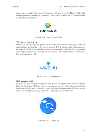 Chapitre 3.3. Environnement du travail
open source complète de gestion de données créée par la société Elastic. Cette pla-
teforme permet la collecte, le traitement, le stockage, la recherche et la visualisation
de données en temps réel.
Figure 3.3 – Logo Elastic Stack
• Wazuh version 4.3.10
Wazuh est un système de gestion de sécurité open source conçu pour aider les
organisations à surveiller et à gérer la sécurité de leur infrastructure informatique.
Le module Wazuh permet également aux utilisateurs de configurer des politiques de
sécurité personnalisées pour détecter les menaces et les vulnérabilités spécifiques à
leur environnement. [13]
Figure 3.4 – Logo Wazuh
• Kali version 2022.1
Kali [22] est une solution multiplateforme gratuite et open-source basée sur le sys-
tème d’exploitation ‘’Debian Linux” conçue pour les tests d’intrusions avancés et à
l’audit de sécurité afin de détecter des vulnérabilités potentielles. Kali fournit des
outils, des configurations qui facilitent le repérage des vulnérabilités.
Figure 3.5 – Logo Kali
24
 