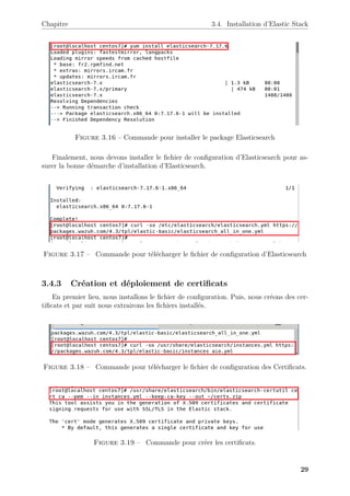 Chapitre 3.4. Installation d’Elastic Stack
Figure 3.16 – Commande pour installer le package Elasticsearch
Finalement, nous devons installer le fichier de configuration d’Elasticsearch pour as-
surer la bonne démarche d’installation d’Elasticsearch.
Figure 3.17 – Commande pour télécharger le fichier de configuration d’Elasticsearch
3.4.3 Création et déploiement de certificats
En premier lieu, nous installons le fichier de configuration. Puis, nous créons des cer-
tificats et par suit nous extrairons les fichiers installés.
Figure 3.18 – Commande pour télécharger le fichier de configuration des Certificats.
Figure 3.19 – Commande pour créer les certificats.
29
 