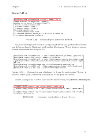 Chapitre 3.4. Installation d’Elastic Stack
filebeat-7 .17 .6.
Figure 3.32 – Commande pour installer les Filebeat.
Puis, nous téléchargeons le fichier de configuration Filebeat ainsi que le modèle d’alertes
pour la base de données Elasticsearch et le module Wazuh pour Filebeat à travers les com-
mandes mentionnées dans la figure 3.33.
Figure 3.33 – Commandes pour télécharger le fichier de configuration Filebeat, le
modèle d’alertes pour Elasticsearch et module de Wazuh pour les Filebeat.
Ensuite, nous ajoutons le mot de passe d’elastic dans le fichier /etc/filebeat/filebeat.yml.
Figure 3.34 – Commande pour modifier le fichier Filebeat.
34
 