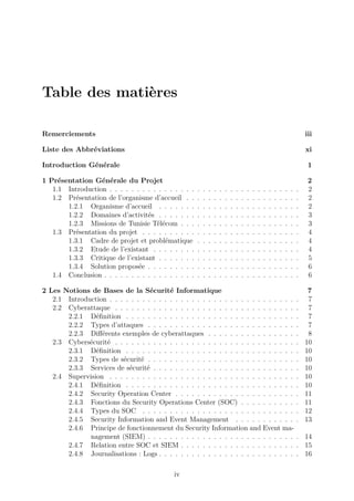 Table des matières
Remerciements iii
Liste des Abbréviations xi
Introduction Générale 1
1 Présentation Générale du Projet 2
1.1 Introduction . . . . . . . . . . . . . . . . . . . . . . . . . . . . . . . . . . . 2
1.2 Présentation de l’organisme d’accueil . . . . . . . . . . . . . . . . . . . . . 2
1.2.1 Organisme d’accueil . . . . . . . . . . . . . . . . . . . . . . . . . . 2
1.2.2 Domaines d’activités . . . . . . . . . . . . . . . . . . . . . . . . . . 3
1.2.3 Missions de Tunisie Télécom . . . . . . . . . . . . . . . . . . . . . . 3
1.3 Présentation du projet . . . . . . . . . . . . . . . . . . . . . . . . . . . . . 4
1.3.1 Cadre de projet et problématique . . . . . . . . . . . . . . . . . . . 4
1.3.2 Etude de l’existant . . . . . . . . . . . . . . . . . . . . . . . . . . . 4
1.3.3 Critique de l’existant . . . . . . . . . . . . . . . . . . . . . . . . . . 5
1.3.4 Solution proposée . . . . . . . . . . . . . . . . . . . . . . . . . . . . 6
1.4 Conclusion . . . . . . . . . . . . . . . . . . . . . . . . . . . . . . . . . . . . 6
2 Les Notions de Bases de la Sécurité Informatique 7
2.1 Introduction . . . . . . . . . . . . . . . . . . . . . . . . . . . . . . . . . . . 7
2.2 Cyberattaque . . . . . . . . . . . . . . . . . . . . . . . . . . . . . . . . . . 7
2.2.1 Définition . . . . . . . . . . . . . . . . . . . . . . . . . . . . . . . . 7
2.2.2 Types d’attaques . . . . . . . . . . . . . . . . . . . . . . . . . . . . 7
2.2.3 Différents exemples de cyberattaques . . . . . . . . . . . . . . . . . 8
2.3 Cybersécurité . . . . . . . . . . . . . . . . . . . . . . . . . . . . . . . . . . 10
2.3.1 Définition . . . . . . . . . . . . . . . . . . . . . . . . . . . . . . . . 10
2.3.2 Types de sécurité . . . . . . . . . . . . . . . . . . . . . . . . . . . . 10
2.3.3 Services de sécurité . . . . . . . . . . . . . . . . . . . . . . . . . . . 10
2.4 Supervision . . . . . . . . . . . . . . . . . . . . . . . . . . . . . . . . . . . 10
2.4.1 Définition . . . . . . . . . . . . . . . . . . . . . . . . . . . . . . . . 10
2.4.2 Security Operation Center . . . . . . . . . . . . . . . . . . . . . . . 11
2.4.3 Fonctions du Security Operations Center (SOC) . . . . . . . . . . . 11
2.4.4 Types du SOC . . . . . . . . . . . . . . . . . . . . . . . . . . . . . 12
2.4.5 Security Information and Event Management . . . . . . . . . . . . 13
2.4.6 Principe de fonctionnement du Security Information and Event ma-
nagement (SIEM) . . . . . . . . . . . . . . . . . . . . . . . . . . . . 14
2.4.7 Relation entre SOC et SIEM . . . . . . . . . . . . . . . . . . . . . . 15
2.4.8 Journalisations : Logs . . . . . . . . . . . . . . . . . . . . . . . . . . 16
iv
 
