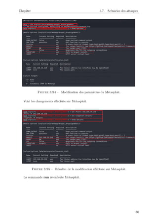 Chapitre 3.7. Scénarios des attaques
Figure 3.94 – Modification des paramètres du Metasploit.
Voici les changements effectués sur Metasploit.
Figure 3.95 – Résultat de la modification efféctuée sur Metasploit.
La commande run ré-exécute Metasploit.
60
 