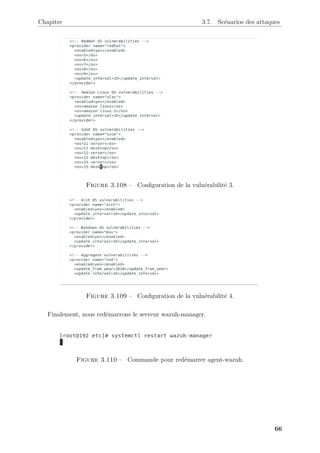 Chapitre 3.7. Scénarios des attaques
Figure 3.108 – Configuration de la vulnérabilité 3.
Figure 3.109 – Configuration de la vulnérabilité 4.
Finalement, nous redémarrons le serveur wazuh-manager.
Figure 3.110 – Commande pour redémarrer agent-wazuh.
66
 