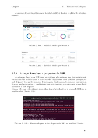 Chapitre 3.7. Scénarios des attaques
Le système détecte immédiatement la vulnérabilité de la cible et affiche les résultats
suivants.
Figure 3.111 – Résultat affiché par Wazuh 1.
Figure 3.112 – Résultat affiché par Wazuh 2.
3.7.4 Attaque force brute par protocole SSH
Les attaques force brute SSH dans les systèmes informatiques sont des tentatives de
connexions SSH utilisées dans le but d’accéder illégalement à des systèmes protégés par
mot de passe, tels que les comptes de messagerie électronique, les comptes bancaires en
ligne ou les réseaux privés. . . en effectuant une suite des tests pour découvrir le nom d’uti-
lisateur et le mot de passe.
Et pour effectuer cette attaque, nous allons tout d’abord activer le protocole SSH sur la
machine cible Ubuntu 22.04.
Figure 3.113 – Commande pour activer le protocole SSH sur machine Ubuntu.
67
 
