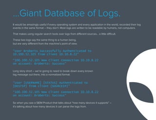…Giant Database of Logs.
It would be amazingly useful if every operating system and every application in the world, recorded their log
events in the same format – they don’t. Most logs are written to be readable by humans, not computers.
That makes using regular search tools over logs from different sources… a little difficult.
These two logs say the same thing to a human being,
but are very different from the machine’s point of view.
“User Broberts Successfully Authenticated to
10.100.52.105 from client 10.10.8.22”
“100.100.52.105 New Client Connection 10.10.8.22
on account: Broberts: Success”
Long story short – we’re going to need to break down every known
log message out there, into a normalized format.
“User [USERNAME] [STATUS] Authenticated to
[DESTIP] from client [SOURCEIP]”
“100.100.52.105 New Client Connection 10.10.8.22
on account: Broberts: Success”
So when you see a SIEM Product that talks about “how many devices it supports” –
it’s talking about how many devices it can parse the logs from.
 