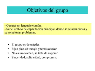 Objetivos del grupo El grupo es de ustedes Fijan plan de trabajo y temas a tocar No es un examen, se trata de mejorar Sinceridad, solidaridad, compromiso - Generar un lenguaje común. Ser el ámbito de capacitación principal, donde se aclaran dudas y se solucionan problemas. 