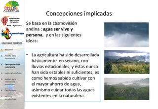 Concepciones implicadas
Se basa en la cosmovisión
andina : agua ser vivo y
persona, y en las siguientes
ideas:
• La agricultura ha sido desarrollada
básicamente en secano, con
lluvias estacionales, y éstas nunca
han sido estables ni suficientes, es
como hemos sabido cultivar con
el mayor ahorro de agua,
asimismo cuidar todas las aguas
existentes en la naturaleza.
1. Resumen
2. Ámbito de la
experiencia
3. Descripción de la
experiencia
4. Logros y beneficios
5. Análisis de la
experiencia
presentada
6. Conclusiones
7. Pautas y
perspectivas
CONTENIDO TEMÁTICO
 