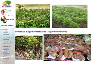 Conservar el agua conservando la agrobiodiversidad
1. Resumen
2. Ámbito de la
experiencia
3. Descripción de la
experiencia
4. Logros y beneficios
5. Análisis de la
experiencia
presentada
6. Conclusiones
7. Pautas y
perspectivas
CONTENIDO TEMÁTICO
 