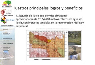 Nuestros principales logros y beneficios
71 lagunas de lluvia que permite almacenar
aproximadamente 1’134,688 metros cúbicos de agua de
lluvia, con impactos tangibles en la regeneración hídrica y
ambiental.
1. Resumen
2. Ámbito de la
experiencia
3. Descripción de la
experiencia
4. Logros y beneficios
5. Análisis de la
experiencia
presentada
6. Conclusiones
7. Pautas y
perspectivas
CONTENIDO TEMÁTICO
 