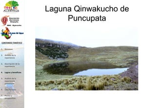 Laguna Qinwakucho de
Puncupata
1. Resumen
2. Ámbito de la
experiencia
3. Descripción de la
experiencia
4. Logros y beneficios
5. Análisis de la
experiencia
presentada
6. Conclusiones
7. Pautas y
perspectivas
CONTENIDO TEMÁTICO
 
