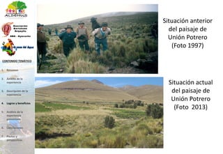 Situación actual
del paisaje de
Unión Potrero
(Foto 2013)
Situación anterior
del paisaje de
Unión Potrero
(Foto 1997)
1. Resumen
2. Ámbito de la
experiencia
3. Descripción de la
experiencia
4. Logros y beneficios
5. Análisis de la
experiencia
presentada
6. Conclusiones
7. Pautas y
perspectivas
CONTENIDO TEMÁTICO
 