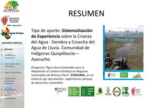 RESUMEN
1. Resumen
2. Ámbito de la
experiencia
3. Descripción de la
experiencia
4. Logros y beneficios
5. Análisis de la
experiencia
presentada
6. Conclusiones
7. Pautas y
perspectivas
CONTENIDO TEMÁTICO
 