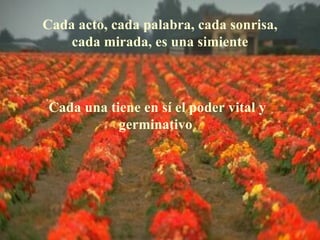 Cada acto, cada palabra, cada sonrisa,
    cada mirada, es una simiente



Cada una tiene en sí el poder vital y
           germinativo
 
