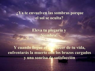 ¿Ya te envuelven las sombras porque
              el sol se oculta?

             Eleva tu plegaria y
                 ¡Siembra!

   Y cuando llegue el atardecer de tu vida,
enfrentarás la muerte con los brazos cargados
        y una sonrisa de satisfacción
 