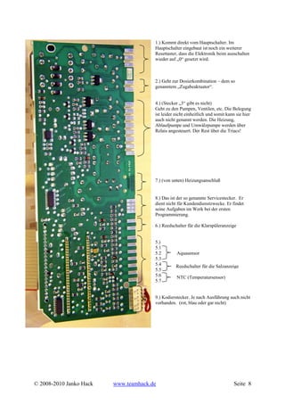 1.) Kommt direkt vom Hauptschalter. Im
                                       Hauptschalter eingebaut ist noch ein weiterer
                                       Resettaster, dass die Elektronik beim ausschalten
                                       wieder auf „0“ gesetzt wird.



                                       2.) Geht zur Dosierkombination – dem so
                                       genanntem „Zugabeaktuator“.


                                       4.) (Stecker „3“ gibt es nicht)
                                       Geht zu den Pumpen, Ventilen, etc. Die Belegung
                                       ist leider nicht einheitlich und somit kann sie hier
                                       auch nicht genannt werden. Die Heizung,
                                       Ablaufpumpe und Umwälzpumpe werden über
                                       Relais angesteuert. Der Rest über die Triacs!




                                       7.) (von unten) Heizungsanschluß


                                       8.) Das ist der so genannte Servicestecker. Er
                                       dient nicht für Kundendienstzwecke. Er findet
                                       seine Aufgaben im Werk bei der ersten
                                       Programmierung.

                                       6.) Reedschalter für die Klarspüleranzeige


                                       5.)
                                       5.1
                                       5.2        Aquasensor
                                       5.3
                                       5.4        Reedschalter für die Salzanzeige
                                       5.5
                                       5.6        NTC (Temperatursensor)
                                       5.7


                                       9.) Kodierstecker. Je nach Ausführung auch nicht
                                       vorhanden. (rot, blau oder gar nicht)




© 2008-2010 Janko Hack   www.teamhack.de                                         Seite 8
 