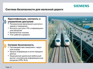 Page 12
Система безопасности для железной дороги
Сетевая безопасность
 Противодействие хакерским и вирус-
ным атакам
 Защита информации в сетях передачи
данных
 Защищенный удаленный мобильный
доступ к внутренним информационным
ресурсам (VPN, RLA)
Идентификация, контроль и
управление доступом
 Разграничение физического доступа в
здания и помещения
 Контроль доступа к ПК и информацион-
ным ресурсам
 Безналичные платежи
 Учет рабочего времени
 