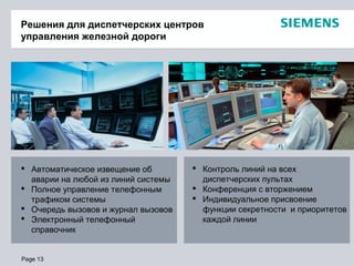 Page 13
Решения для диспетчерских центров
управления железной дороги
 Автоматическое извещение об
аварии на любой из линий системы
 Полное управление телефонным
трафиком системы
 Очередь вызовов и журнал вызовов
 Электронный телефонный
справочник
 Контроль линий на всех
диспетчерских пультах
 Конференция с вторжением
 Индивидуальное присвоение
функции секретности и приоритетов
каждой линии
 
