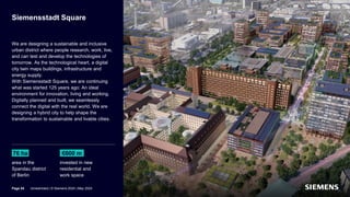 Siemensstadt Square
We are designing a sustainable and inclusive
urban district where people research, work, live,
and can test and develop the technologies of
tomorrow. As the technological heart, a digital
city twin maps buildings, infrastructure and
energy supply.
With Siemensstadt Square, we are continuing
what was started 125 years ago: An ideal
environment for innovation, living and working.
Digitally planned and built, we seamlessly
connect the digital with the real world. We are
designing a hybrid city to help shape the
transformation to sustainable and livable cities.
76 ha
area in the
Spandau district
of Berlin
€600 m
invested in new
residential and
work space
Page 54 Unrestricted | © Siemens 2024 | May 2024
 