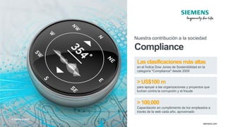 © Siemens 2020
TT.MM.JJJJ
Seite 21 Autor / Abteilung
TT.MM.JJJJ
Seite 21 Autor / Abteilung
May 2020
Page 21 siemens.com
>US$100 m
para apoyar a las organizaciones y proyectos que
luchan contra la corrupción y el fraude
Nuestra contribución a la sociedad
Compliance
Las clasificaciones más altas
en el Índice Dow Jones de Sostenibilidad en la
categoría "Compliance" desde 2009
> 100,000
Capacitación en cumplimiento de los empleados a
través de la web cada año, aproximado
© Siemens 2020
 