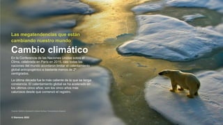 © Siemens 2020
TT.MM.JJJJ
Seite 26 Autor / Abteilung
TT.MM.JJJJ
Seite 26 Autor / Abteilung
May 2020
Page 26 siemens.com
Las megatendencias que están
cambiando nuestro mundo
Cambio climático
En la Conferencia de las Naciones Unidas sobre el
Clima, celebrada en París en 2015, casi todas las
naciones del mundo acordaron limitar el calentamiento
global antropogénico a bastante menos de 2º
centígrados.
La última década fue la más caliente de la que se tenga
constancia. El calentamiento global se ha acelerado en
los últimos cinco años; son los cinco años más
calurosos desde que comenzó el registro.
Fuente: NASA’s Goddard's Global Surface Temperature Analysis
© Siemens 2020
 