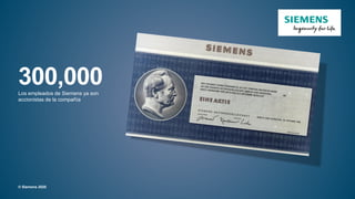 © Siemens 2020
TT.MM.JJJJ
Seite 61 Autor / Abteilung
TT.MM.JJJJ
Seite 61 Autor / Abteilung
May 2020
Page 61 siemens.com
300,000
Los empleados de Siemens ya son
accionistas de la compañía
© Siemens 2020
 
