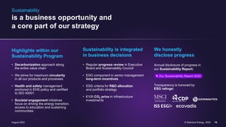 Sustainability is integrated
in business decisions
• Regular progress review in Executive
Board and Sustainability Council
• ESG component in senior management
long-term incentives
• ESG criteria for R&D allocation
and portfolio strategy
• €100 CO2 price in infrastructure
investments
Highlights within our
Sustainability Program
• Decarbonization approach along
the entire value chain
• We strive for maximum circularity
in all our products and processes
• Health and safety management
anchored in EHS policy and certified
to ISO 45001
• Societal engagement initiatives
focus on driving the energy transition,
access to education and sustaining
communities
Sustainability
is a business opportunity and
a core part of our strategy
We honestly
disclose progress
Annual disclosure of progress in
our Sustainability Report:
Transparency is honored by
ESG ratings:
Our Sustainability Report 2022
August 2023 © Siemens Energy, 2023 16
 