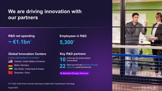 August 2023 © Siemens Energy, 2023 20
Employees in R&D
5,3001
R&D net spending
~ €1.1bn1
1 FY 2022 | 2 QS World University Rankings by Subject 2022: Engineering & Technology
We are driving innovation with
our partners
Key R&D partners
of the top 25 world-ranked
universities2
10
Start-ups through Siemens Energy
Ventures (external/internal)
22
Global Innovation Centers
to drive partnerships & co-creation:
Orlando, United States of America
Berlin, Germany
Abu Dhabi, United Arab Emirates
Shenzhen, China Siemens Energy Ventures
 