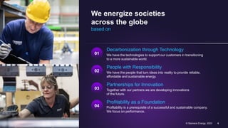 We energize societies
across the globe
based on
© Siemens Energy, 2023
01
Decarbonization through Technology
We have the technologies to support our customers in transitioning
to a more sustainable world.
02
People with Responsibility
We have the people that turn ideas into reality to provide reliable,
affordable and sustainable energy.
03
Partnerships for Innovation
Together with our partners we are developing innovations
of the future.
04
Profitability as a Foundation
Profitability is a prerequisite of a successful and sustainable company.
We focus on performance.
4
 