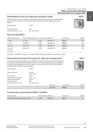 1 – Régulateurs standard
1
1-61
Siemens Suisse SA	 Tous les prix sont des prix installateur standard sans TVA.
Building Technologies	 Définition voir dans l‘index. Sous réserve de modifications.	 www.siemens.ch/hit-en-ligne	 2013
Divers accessoires électrique
Potentiomètre de consigne BSG..
01 - Régulateurs standard
Divers accessoires électriques
Potentiomètre de consigne
1-61
2013Toutes les indications de prix sont des prix installateur suggérés sans TVA. Définition voir dans
l'index. Sous réserve de modifications.
Siemens Suisse SA
Building Technologies
1
Fiche technique N1991
Type de protection IP42
Encombrements (L x H x P) 48 × 48 × 46 mm
Potentiomètre de valeur de consigne‚ pour montage en façade
Potentiomètre de valeur de consigne pour montage en façade 48 x 48 mm‚ avec deux butées réglables
pour la limitation de la valeur de consigne avec capot transparent en plastic. Equipé complèt avec
échelle.
BSG21..
Plage de température Sorties analogiques Signal Fiche technique Référence Code article Prix CHF
**Divers 0...1000 N1991 BPZ:BSG21.1 BSG21.1 82‚--
0...50 °C LG-Ni1000 N1991 BPZ:BSG21.2 BSG21.2 82‚--
10...30 °C LG-Ni1000 N1991 BPZ:BSG21.3 BSG21.3 82‚--
-20...20 2)
20...60 2)
-3...+3K 2)
LG-Ni1000 N1991 BPZ:BSG21.5 BSG21.5 82‚--
Aperçu des types BSG21..
Pour BSG21.1: Echelle 0...50 °C fourni en standard. D'autres echelles sont livrables sous accessoires BSG-Z
Fiche technique N1992
Tension de service AC 24 V
DC 15...24 V
Consommation 0‚3 W
Sorties analogiques Signal DC 0...10 V
Câble de raccordement 3/4 fils
Type de protection IP42
Encombrements (L x H x P) 48 × 48 × 46 mm
Référence Code article Prix CHF
BPZ:BSG61 BSG61 116‚--
Potentiomètre de consigne actif‚ progressif 0...100 % pour montage frontal
Potentiomètre de la valeur de consigne pour installation frontale 48 x 48 mm‚ avec deux butées réglables
pour le réglage ou la limitation d'une valeur de consigne ou un signal de réglage. Avec capot transparent
et échelles interchangeables‚ en fonction des besoins. Livré avec échelle 0...100% (d'autres échelles
sont disponibles comme accessoires sous BSG-Z ).
BSG61
Titre du produit Fiche technique Référence Code article Prix CHF
Assortiment complet des échelles pour BSG. N1991 BPZ:BSG-Z BSG-Z 15‚--
Accessoires pour setpoint adjusters BSG21.1 and BSG61
 