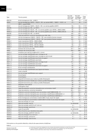 Index
Index-4
Siemens Suisse SA	
1)	 Le prix pour le client final s’applique lors de la livraison des produits de Siemens au client final sans TVA.
Building Technologies	
2) 	Le prix installateur s’applique lors de la livraison des produits aux installateurs qui sont libres dans la
	 2013
		
définition du prix envers leurs clients finaux. Sous réserve de modifications.
Informations sur les produits détachés, visitez le site www.siemens.ch/old2new
Type Titre de produit
Prix CHF
client final
hors TVA1)
Prix CHF
installateur
hors TVA2)
Chap.
page
Vorwort
Index
ASK31N Kit de montage pour SAL.. à VBF21.. 82.-- 70.-- 7-140
ASK32 Jeu de montage pour SQK33.. / SQL33.. / 83.. sur vannes VBI31.. / VBG31.. / VCI31.. et
VBF21.. jusqu'à DN50
47.-- 40.-- 7-141
ASK33 Jeu de montage pour SQK33.., SQL33.. / 83.. sur vannes papillons VKF41.. 96.-- 82.-- 7-141
ASK33N Jeu de montage pour SAL.. sur VKF41.. 96.-- 82.-- 7-140
ASK35.1 Jeu de montage pour SQL35.. / 85.. sur vannes papillons pour VKF46.., DN40 à DN65 96.-- 82.-- 7-141
ASK35.2 Jeu de montage pour SQL35.. / 85.. sur vannes papillons pour VKF46.., DN80 à DN125 96.-- 82.-- 7-141
ASK35N Jeu de montage pour SAL.. sur VKF45.. 184.-- 156.-- 7-140
ASK39.1 Capot de protection contre les intempéries pour SAX../SAL.. 162.-- 138.-- 7-48
ASK40 Jeux de montage pour SQK33.. / SQL33.. / 83.. pour produits d'autres marques 185.-- 157.-- 7-142
ASK41 Jeux de montage pour SQK33.. / SQL33.. / 83.. pour produits d'autres marques 185.-- 157.-- 7-142
ASK46.1 Levier manuel pour VKF46.., DN40 à DN65 47.-- 40.-- 7-160
ASK46.2 Levier manuel pour VKF46.., DN80 à DN125 63.-- 54.-- 7-160
ASK46.3 Levier manuel pour VKF46.., DN150 à DN200 96.-- 82.-- 7-160
ASK46.4 Levier manuel pour VKF46.., DN250 à DN400 319.-- 271.-- 7-160
ASK50 Inverseur de course pour SKD.. 351.-- 298.-- 7-55
ASK51 Inverseur de course pour SKB.. 456.-- 388.-- 7-55
ASK55.2 Entraîneur pour axes de tringlerie (Ø 5…8 mm) 15.-- 13.-- 8-19
ASK71.1 Jeu de montage rotatif/linéaire pour montage au sol 95.-- 81.-- 8-9
ASK71.11 Jeu de montage rotatif/linéaire pour montage au sol et mural 108.-- 92.-- 8-9
ASK71.13 Jeu de montage rotatif/linéaire avec levier et support 56.-- 48.-- 8-9
ASK71.14 Jeu de montage rotatif/linéaire avec levier 74.-- 63.-- 8-9
ASK71.2 Jeu de montage rotatif/linéaire pour montage mural 101.-- 86.-- 8-9
ASK71.3 Jeu de montage rotatif/linéaire avec levier 41.-- 35.-- 8-9
ASK71.4 Jeu de montage rotatif/linéaire avec levier et support 60.-- 51.-- 8-9
ASK71.5 Kit de montage rotatif/linéaire 47.-- 40.-- 8-14
ASK71.6 Jeu de montage rotatif/linéaire avec équerre de fixation 68.-- 58.-- 8-14
ASK71.9 Levier universel 66.-- 56.-- 8-9
ASK72.3 Jeu de montage rotatif/linéaire avec support 54.-- 46.-- 8-19
ASK72.4 Vis de fixation 13.-- 11.-- 8-19
ASK72.5 Vis de fixation 12.-- 10.-- 8-19
ASK73.1 Dispositif anti-torsion pour moteurs jumelés (Powerpack) 47.-- 40.-- 8-9
ASK73.2 Dispositif anti-torsion flexible pour moteurs jumelés (Powerpack) 128.-- 109.-- 8-9
ASK73.3 Dispositif anti-torsion pour moteurs jumelés (Powerpack) 39.-- 33.-- 8-9
ASK74.1 Adaptateur d'axe spécial 48.-- 41.-- 8-9
ASK74.7 Prolongation d'axe 70.-- 60.-- 8-9
ASK75.1 Capot de protection contre les intempéries pour servomoteur rotatif 264.-- 224.-- 8-9
ASK75.3 Capot de protection contre les intempéries 281.-- 239.-- 8-9
ASK75.4 Protection contre les intempéries pour servomoteur rotatif GBB/GCA/GIB…1E 120.-- 102.-- 8-9
ASK75.5 Protection contre les intempéries pour servomoteur rotatif/linéaire GDB/GLB/GSF…E 102.-- 87.-- 8-14
ASK75.6 Protection contre les intempéries pour servomoteur rotatif/linéaire GMA/GEB…E 200.-- 170.-- 8-9
ASK77.2 Kit de montage pour servomoteurs rotatifs GMA.1E avec ressort de rappel 51.-- 43.-- 7-145
ASK77.3 Kit de montage pour servomoteurs rotatifs GDB.1E et GLB.1E sans ressort de rappel 31.-- 26.-- 7-145
ASK78.10 Pièce de centrage, Ø 12 mm 4.-- 3.-- 8-14
ASK78.11 Pièce de centrage, rond ³⁄₈“ sur demande 8-14
ASK78.12 Pièce de centrage, profil D Fix Ø 12x9 mm 4.-- 3.-- 8-14
ASK78.14 Pièce de centrage, carré 8 mm 4.-- 3.-- 8-14
ASK78.2 Levier Té vanne BG sur demande 8-14
ASK78.3 Pièce d'insertion pour diamètres d'axe petits 4.-- 3.-- 8-14
ASK78.4 Pièce de centrage, profil D Ø 12x9 mm sur demande 8-14
ASK78.5 Pièce de centrage Ø 12,7 mm (½") 4.-- 3.-- 8-14
ASK78.6 Pièce de centrage, carré 8 mm 4.-- 3.-- 8-14
ASK78.7 Pièce de centrage, carré 10 mm 4.-- 3.-- 8-14
 