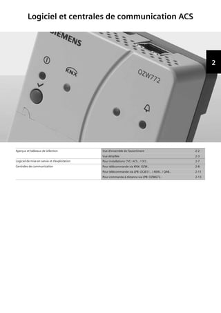 2
Logiciel et centrales de communication ACS
Aperçus et tableaux de sélection Vue d’ensemble de l’assortiment 2-2
Vue détaillée 2-3
Logiciel de mise en servie et d‘exploitation Pour installations CVC: ACS.. / OCI.. 2-7
Centrales de communication Pour télécommande via KNX: OZW.. 2-8
Pour télécommande via LPB: OCI611.. / AEW.. / QAB.. 2-11
Pour commande à distance via LPB: OZW672.. 2-13
 