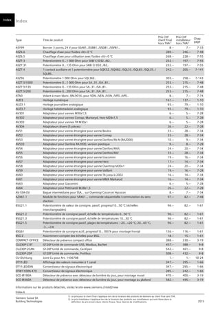 Index
Index-6
Siemens Suisse SA	
1)	 Le prix pour le client final s’applique lors de la livraison des produits de Siemens au client final sans TVA.
Building Technologies	
2) 	Le prix installateur s’applique lors de la livraison des produits aux installateurs qui sont libres dans la
	 2013
		
définition du prix envers leurs clients finaux. Sous réserve de modifications.
Informations sur les produits détachés, visitez le site www.siemens.ch/old2new
Type Titre de produit
Prix CHF
client final
hors TVA1)
Prix CHF
installateur
hors TVA2)
Chap.
page
Vorwort
Index
ASY99 Bornier 3 points‚ 24 V pour SSA81../SSB81../SSD81../SSP81.. 8.-- 7.-- 7-33
ASZ6.6 Chauffage d'axe pour fluides <lt/> 0 °C 289.-- 246.-- 7-48
ASZ6.5 Chauffage d'axe pour utilisation avec fluides <lt/> 0 °C 268.-- 228.-- 7-55
ASZ7.3 Potentiomètre 0…1 000 Ohm pour SKB/ C/ D32../82.. 232.-- 197.-- 7-55
ASZ7.31 Potentiomètre 0…135 Ohm pour SKB/ C/ D32../82.. 232.-- 197.-- 7-55
ASZ7.4 1 contact auxiliaire et 1 potentiomètre pour SQX32../SQX82../SQL33../SQL83../SQL35../
SQL85..
242.-- 205.-- 7-141
ASZ36 Potentiomètre 1 000 Ohm pour SQL36E.. 303.-- 258.-- 7-143
ASZ7.5/1000 Potentiomètre 0...1 000 Ohm pour SA..31../SA..81.. 253.-- 215.-- 7-48
ASZ7.5/135 Potentiomètre 0...135 Ohm pour SA..31../SA..81.. 253.-- 215.-- 7-48
ASZ7.5/200 Potentiomètre 0...200 Ohm pour SA..31../SA..81.. 253.-- 215.-- 7-48
ATN3 Volant à main blanc, RAL9016, pour VDN../VEN../VUN../VPD../VPE.. 8.-- 7.-- 7-74
AUD3 Horloge numérique 161.-- 137.-- 1-10
AUZ3.1 Horloge journalière analogique 93.-- 79.-- 1-10
AUZ3.7 Horloge hebdomadaire analogique 93.-- 79.-- 1-10
AV301 Adaptateur pour vannes M30x1,5 6.-- 5.-- 7-28
AV302 Adaptateur pour vannes Comap, Markaryd, Herz M28x1,5 6.-- 5.-- 7-28
AV303 Adaptateur pour vannes TA M30x1 6.-- 5.-- 7-28
AV304 Adaptateurs divers (5 pièces) 26.-- 22.-- 7-28
AV51 Adaptateur pour vanne étrangère pour vanne Beulco 33.-- 28.-- 7-34
AV52 Adaptateur pour vanne étrangère pour vanne Comap 33.-- 28.-- 7-34
AV53 Adaptateur pour vanne étrangère pour vanne Danfoss RA-N (RA2000) 10.-- 9.-- 7-34
AV533 Adaptateur pour Danfoss RA2000, version plastique 9.-- 8.-- 7-28
AV54 Adaptateur pour vanne étrangère pour vanne Danfoss RAVL 24.-- 20.-- 7-34
AV55 Adaptateur pour vanne étrangère pour vanne Danfoss RAV 33.-- 28.-- 7-34
AV56 Adaptateur pour vanne étrangère pour vanne Giacomini 19.-- 16.-- 7-34
AV57 Adaptateur pour vanne étrangère pour vanne Herz 17.-- 14.-- 7-34
AV58 Adaptateur pour vanne étrangère pour vanne Oventrop M30x1 24.-- 20.-- 7-34
AV59 Adaptateur pour vanne étrangère pour vanne Vaillant 19.-- 16.-- 7-28
AV60 Adaptateur pour vanne étrangère pour vanne TA jusqu'à 2002 16.-- 14.-- 7-34
AV61 Adaptateur pour vanne étrangère pour vanne MMA Markaryd 16.-- 14.-- 7-34
AV63 Adaptateur pour Giacomini 6.-- 5.-- 7-28
AV64 Adaptateur pour Pettinaroli M28x1,5 26.-- 22.-- 7-28
AV-SSA-OV Bague intermédiaire pour SSA... sur Oventrop Cocon et Hycocon 8.-- 7.-- 7-34
AZX61.1 Module de fonctions pour SAX61.., commande séquentielle / commutation du sens
d'action
97.-- 82.-- 7-48
BSG21.1 Potentiomètre de valeur de consigne, passif, progressif 0...50 °C (échelles
interchangeables)
96.-- 82.-- 1-61
BSG21.2 Potentiomètre de consigne passif, échelle de températures 0...50 °C 96.-- 82.-- 1-61
BSG21.3 Potentiomètre de consigne passif, échelle de températures 10...30 °C 96.-- 82.-- 1-61
BSG21.5 Potentiomètre de consigne passif, plages de températures : -20…+20 °C; 20…60 °C;
-3…+3 K
96.-- 82.-- 1-61
BSG61 Potentiomètre de consigne actif, progressif 0...100 % pour montage frontal 136.-- 116.-- 1-61
BSG-Z Assortiment complet des échelles pour BSG. 18.-- 15.-- 1-61
COMPACT-OFFICE Détecteur de présence compact office 388.-- 330.-- 3-19
CU230P-2 BT G120P Unité de commande USS, Modbus, BacNet 457.-- 388.-- 9-8
CU230P-2CAN G120P Unité de commande, CanOpen 542.-- 461.-- 9-8
CU230P-2DP G120P Unité de commande, Profibus 508.-- 432.-- 9-8
CU-Dichtung Joint Cu pour Art. 1436708 1.-- 1.-- 10-24
DT11LED Affichage des valeurs mesurées à 1 canal 347.-- 295.-- 1-66
DT11LED/DIN Convertisseur de signaux électronique 347.-- 295.-- 1-66
DTW11/DIN-470 Convertisseur de signaux électronique 285.-- 242.-- 1-66
ECO-IR180A Détecteur de présence avec détecteur de lumière du jour, pour montage mural 470.-- 400.-- 3-19
ECO-IR360A Détecteur de présence avec détecteur de lumière du jour, pour montage au plafond 582.-- 495.-- 3-19
 