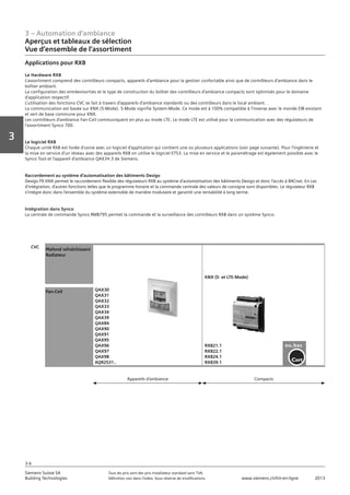 3 – Automation d‘ambiance
Aperçus et tableaux de sélection
Vue d‘ensemble de l‘assortiment
3-6
Vorwort
3
Siemens Suisse SA	 Tous les prix sont des prix installateur standard sans TVA.
Building Technologies	 Définition voir dans l‘index. Sous réserve de modifications.	 www.siemens.ch/hit-en-ligne	 2013
Applications pour RXB
Le Hardware RXB
L’assortiment comprend des contrôleurs compacts, appareils d’ambiance pour la gestion confortable ainsi que de contrôleurs d’ambiance dans le
boîtier ambiant.
La configuration des entrées/sorties et le type de construction du boîtier des contrôleurs d’ambiance compacts sont optimisés pour le domaine
d’application respectif.
L’utilisation des fonctions CVC se fait à travers d’appareils d’ambiance standards ou des contrôleurs dans le local ambiant. .
La communication est basée sur KNX (S-Mode). S-Mode signifie System-Mode. Ce mode est à 100% compatible à l’inverse avec le monde EIB existant
et sert de base commune pour KNX.
Les contrôleurs d’ambiance Fan-Coil communiquent en plus au mode LTE. Le mode LTE est utilisé pour la communication avec des régulateurs de
l’assortiment Synco 700.
Le logiciel RXB
Chaque unité RXB est livrée d’usine avec un logiciel d’application qui contient une ou plusieurs applications (voir page suivante). Pour l’ingénierie et
la mise en service d’un réseau avec des appareils RXB on utilise le logiciel ETS3. La mise en service et le paramétrage est également possible avec le
Synco Tool et l’appareil d’ambiance QAX34.3 de Siemens.
Raccordement au système d’automatisation des bâtiments Desigo
Desigo PX KNX permet le raccordement flexible des régulateurs RXB au système d’automatisation des bâtiments Desigo et donc l’accès à BACnet. En cas
d’intégration, d’autres fonctions telles que le programme horaire et la commande centrale des valeurs de consigne sont disponibles. Le régulateur RXB
s’intègre donc dans l’ensemble du système extensible de manière modulaire et garantit une rentabilité à long terme.
Intégration dans Synco
La centrale de commande Synco RMB795 permet la commande et la surveillance des contrôleurs RXB dans un système Synco.
CVC
Plafond rafraîchissant
Radiateur
QAX30
QAX31
QAX32
QAX33
QAX34
QAX39
QAX84
QAX90
QAX91
QAX95
QAX96
QAX97
QAX98
AQR2531..
KNX (S- et LTE-Mode)
RXB21.1
RXB22.1
RXB24.1
RXB39.1
Fan-Coil
Appareils d‘ambiance Compacts
 