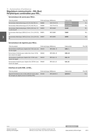 3 – Automation d‘ambiance
3-12
Vorwort
3
Siemens Suisse SA	 Tous les prix sont des prix installateur standard sans TVA.
Building Technologies	 Définition voir dans l‘index. Sous réserve de modifications.	 www.siemens.ch/hit-en-ligne	 2013
Régulateurs communicants – RXL (Bus)
Périphériques combinables pour RXL..
03 - Régulateurs pour l'automation d'ambiance
Régulateurs communicants -- RXL (Bus)
Périphériques combinables pour RXL..
NEW PRODUCT3-12
2013Toutes les indications de prix sont des prix installateur suggérés sans TVA. Définition voir dans
l'index. Sous réserve de modifications.
Siemens Suisse SA
Building Technologies
3
Titre du produit Fiche technique Référence Code article Prix CHF
Servomoteur électrothermique‚ AC 24 V‚ NC‚ PR‚ 0 m N4884 S55174-A115 STA73PR/00 41‚--
Servomoteur électrothermique‚ AC 24 V‚ NO‚ PR‚ 0 m N4884 S55174-A116 STP73PR/00 42‚--
Servomoteur électromécanique‚ 100 N‚ 2‚5/5 mm‚ 1‚5
m‚ 24 V CA‚ 3P
N4893 BPZ:SSA81 SSA81 87‚--
Servomoteur électrique‚ 200 N‚ 5‚5 mm‚ 1‚5 m‚ 24 V CA‚
3P
N4891 BPZ:SSB81 SSB81 99‚--
Servomoteur électrique‚ 160 N‚ 2‚5 mm‚ 1‚5 m‚ 24 V CA‚
3P
N4847 BPZ:SSP81 SSP81 94‚--
Servomoteurs de vanne pour RXL2..
Titre du produit Fiche technique Référence Code article Prix CHF
Servomoteurs rotatifs pour clapets d'air 5 Nm sans res-
sort de rappel
N4634 BPZ:GDB..1E GDB..1..
Servomoteurs linéaires pour volets d'air‚ force 125 N‚
sans ressort de rappel
N4664 BPZ:GDB..2E GDB..2E
Servomoteurs rotatifs pour clapets d'air 10 Nm sans
ressort de rappel
N4634 BPZ:GLB..1E GLB..1E
Servomoteurs linéaires pour clapets d'air 250 Nm sans
ressort de rappel
N4664 BPZ:GLB..2E GLB..2E
Servomoteurs de registres pour RXL2..
Titre du produit Fiche technique Référence Code article Prix CHF
Appareil d'ambiance avec sonde‚ sélection de la valeur
de consigne‚ du régime‚ écran et interface PPS2
N1640 BPZ:QAX34.3 QAX34.3 162‚--
Interface et outils RXB.. et RXL..
NEW PRODUCT
 