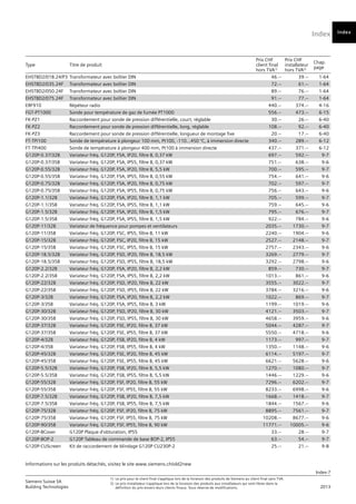 Index
Index-7
Siemens Suisse SA	
1)	 Le prix pour le client final s’applique lors de la livraison des produits de Siemens au client final sans TVA.
Building Technologies	
2) 	Le prix installateur s’applique lors de la livraison des produits aux installateurs qui sont libres dans la
	 2013
		
définition du prix envers leurs clients finaux. Sous réserve de modifications.
Informations sur les produits détachés, visitez le site www.siemens.ch/old2new
Index
Type Titre de produit
Prix CHF
client final
hors TVA1)
Prix CHF
installateur
hors TVA2)
Chap.
page
EHSTBD2/018.24/P3 Transformateur avec boîtier DIN 46.-- 39.-- 1-64
EHSTBD2/035.24F Transformateur avec boîtier DIN 72.-- 61.-- 1-64
EHSTBD2/050.24F Transformateur avec boîtier DIN 89.-- 76.-- 1-64
EHSTBD2/075.24F Transformateur avec boîtier DIN 91.-- 77.-- 1-64
ERF910 Répéteur radio 440.-- 374.-- 4-16
FGT-PT1000 Sonde pour température de gaz de fumée PT1000 556.-- 473.-- 6-15
FK-PZ1 Raccordement pour sonde de pression différentielle, court, réglable 30.-- 26.-- 6-40
FK-PZ2 Raccordement pour sonde de pression différentielle, long, réglable 108.-- 92.-- 6-40
FK-PZ3 Raccordement pour sonde de pression différentielle, longueur de montage fixe 20.-- 17.-- 6-40
FT-TP/100 Sonde de température à plongeur 100 mm, Pt100, -110…450 °C, à immersion directe 340.-- 289.-- 6-12
FT-TP/400 Sonde de température à plongeur 400 mm, Pt100 à immersion directe 437.-- 371.-- 6-12
G120P-0.37/32B Variateur fréq. G120P, FSA, IP20, filtre B, 0,37 kW 697.-- 592.-- 9-7
G120P-0.37/35B Variateur fréq. G120P, FSA, IP55, filtre B, 0,37 kW 751.-- 638.-- 9-6
G120P-0.55/32B Variateur fréq. G120P, FSA, IP20, filtre B, 5,5 kW 700.-- 595.-- 9-7
G120P-0.55/35B Variateur fréq. G120P, FSA, IP55, filtre B, 0,55 kW 754.-- 641.-- 9-6
G120P-0.75/32B Variateur fréq. G120P, FSA, IP20, filtre B, 0,75 kW 702.-- 597.-- 9-7
G120P-0.75/35B Variateur fréq. G120P, FSA, IP55, filtre B, 0,75 kW 756.-- 643.-- 9-6
G120P-1.1/32B Variateur fréq. G120P, FSA, IP20, filtre B, 1,1 kW 705.-- 599.-- 9-7
G120P-1.1/35B Variateur fréq. G120P, FSA, IP55, filtre B, 1,1 kW 759.-- 645.-- 9-6
G120P-1.5/32B Variateur fréq. G120P, FSA, IP20, filtre B, 1,5 kW 795.-- 676.-- 9-7
G120P-1.5/35B Variateur fréq. G120P, FSA, IP55, filtre B, 1,5 kW 922.-- 784.-- 9-6
G120P-11/32B Variateur de fréquence pour pompes et ventilateurs 2035.-- 1730.-- 9-7
G120P-11/35B Variateur fréq. G120P, FSC, IP55, filtre B, 11 kW 2240.-- 1904.-- 9-6
G120P-15/32B Variateur fréq. G120P, FSC, IP20, filtre B, 15 kW 2527.-- 2148.-- 9-7
G120P-15/35B Variateur fréq. G120P, FSC, IP55, filtre B, 15 kW 2757.-- 2343.-- 9-6
G120P-18.5/32B Variateur fréq. G120P, FSD, IP20, filtre B, 18,5 kW 3269.-- 2779.-- 9-7
G120P-18.5/35B Variateur fréq. G120P, FSD, IP55, filtre B, 18,5 kW 3292.-- 2798.-- 9-6
G120P-2.2/32B Variateur fréq. G120P, FSA, IP20, filtre B, 2,2 kW 859.-- 730.-- 9-7
G120P-2.2/35B Variateur fréq. G120P, FSA, IP55, filtre B, 2,2 kW 1013.-- 861.-- 9-6
G120P-22/32B Variateur fréq. G120P, FSD, IP20, filtre B, 22 kW 3555.-- 3022.-- 9-7
G120P-22/35B Variateur fréq. G120P, FSD, IP55, filtre B, 22 kW 3784.-- 3216.-- 9-6
G120P-3/32B Variateur fréq. G120P, FSA, IP20, filtre B, 2,2 kW 1022.-- 869.-- 9-7
G120P-3/35B Variateur fréq. G120P, FSA, IP55, filtre B, 3 kW 1199.-- 1019.-- 9-6
G120P-30/32B Variateur fréq. G120P, FSD, IP20, filtre B, 30 kW 4121.-- 3503.-- 9-7
G120P-30/35B Variateur fréq. G120P, FSD, IP55, filtre B, 30 kW 4658.-- 3959.-- 9-6
G120P-37/32B Variateur fréq. G120P, FSE, IP20, filtre B, 37 kW 5044.-- 4287.-- 9-7
G120P-37/35B Variateur fréq. G120P, FSE, IP55, filtre B, 37 kW 5550.-- 4718.-- 9-6
G120P-4/32B Variateur fréq. G120P, FSB, IP20, filtre B, 4 kW 1173.-- 997.-- 9-7
G120P-4/35B Variateur fréq. G120P, FSB, IP55, filtre B, 4 kW 1350.-- 1148.-- 9-6
G120P-45/32B Variateur fréq. G120P, FSE, IP20, filtre B, 45 kW 6114.-- 5197.-- 9-7
G120P-45/35B Variateur fréq. G120P, FSE, IP55, filtre B, 45 kW 6621.-- 5628.-- 9-6
G120P-5.5/32B Variateur fréq. G120P, FSB, IP20, filtre B, 5,5 kW 1270.-- 1080.-- 9-7
G120P-5.5/35B Variateur fréq. G120P, FSB, IP55, filtre B, 5,5 kW 1446.-- 1229.-- 9-6
G120P-55/32B Variateur fréq. G120P, FSF, IP20, filtre B, 55 kW 7296.-- 6202.-- 9-7
G120P-55/35B Variateur fréq. G120P, FSF, IP55, filtre B, 55 kW 8233.-- 6998.-- 9-6
G120P-7.5/32B Variateur fréq. G120P, FSB, IP20, filtre B, 7,5 kW 1668.-- 1418.-- 9-7
G120P-7.5/35B Variateur fréq. G120P, FSB, IP55, filtre B, 7,5 kW 1844.-- 1567.-- 9-6
G120P-75/32B Variateur fréq. G120P, FSF, IP20, filtre B, 75 kW 8895.-- 7561.-- 9-7
G120P-75/35B Variateur fréq. G120P, FSF, IP55, filtre B, 75 kW 10208.-- 8677.-- 9-6
G120P-90/35B Variateur fréq. G120P, FSF, IP55, filtre B, 90 kW 11771.-- 10005.-- 9-6
G120P-BCover G120P Plaque d'obturation, IP55 33.-- 28.-- 9-7
G120P-BOP-2 G120P Tableau de commande de base BOP-2, IP55 63.-- 54.-- 9-7
G120P-CUScreen Kit de raccordement de blindage G120P CU230P-2 25.-- 21.-- 9-8
 