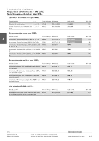 3 – Automation d‘ambiance
3-16
Vorwort
3
Siemens Suisse SA	 Tous les prix sont des prix installateur standard sans TVA.
Building Technologies	 Définition voir dans l‘index. Sous réserve de modifications.	 www.siemens.ch/hit-en-ligne	 2013
Régulateurs communicants – RXB (KNX)
Périphériques combinables pour RXB..
03 - Régulateurs pour l'automation d'ambiance
Radiateurs communicants -- RXB (KNX)
Périphériques combinables pour RXB..
NEW PRODUCT3-16
2013Toutes les indications de prix sont des prix installateur suggérés sans TVA. Définition voir dans
l'index. Sous réserve de modifications.
Siemens Suisse SA
Building Technologies
3
Titre du produit v.p Fiche technique Référence Code article Prix CHF
Détecteur de condensation v.p. 6-30 N1542 BPZ:QXA2000 QXA2000 150‚--
Module d'extension pour QXA2000 230
V CA
v.p. 6-31 N1542 BPZ:AQX2000 AQX2000 70‚--
Détecteurs de condensation pour RXB2..
Titre du produit Fiche technique Référence Code article Prix CHF
Servomoteur électrothermique‚ AC 24 V‚ NC‚ PR‚ 0 m N4884 S55174-A115 STA73PR/00 41‚--
Servomoteur électrothermique‚ AC 24 V‚ NO‚ PR‚ 0 m N4884 S55174-A116 STP73PR/00 42‚--
Servomoteur électromécanique‚ 100 N‚ 2‚5/5 mm‚ 1‚5
m‚ 24 V CA‚ 3P
N4893 BPZ:SSA81 SSA81 87‚--
Servomoteur électrique‚ 200 N‚ 5‚5 mm‚ 1‚5 m‚ 24 V CA‚
3P
N4891 BPZ:SSB81 SSB81 99‚--
Servomoteur électrique‚ 160 N‚ 2‚5 mm‚ 1‚5 m‚ 24 V CA‚
3P
N4847 BPZ:SSP81 SSP81 94‚--
Servomoteurs de vanne pour RXB2..
Titre du produit Fiche technique Référence Code article Prix CHF
Servomoteurs rotatifs pour clapets d'air 5 Nm sans res-
sort de rappel
N4634 BPZ:GDB..1E GDB..1..
Servomoteurs linéaires pour volets d'air‚ force 125 N‚
sans ressort de rappel
N4664 BPZ:GDB..2E GDB..2E
Servomoteurs rotatifs pour clapets d'air 10 Nm sans
ressort de rappel
N4634 BPZ:GLB..1E GLB..1E
Servomoteurs linéaires pour clapets d'air 250 Nm sans
ressort de rappel
N4664 BPZ:GLB..2E GLB..2E
Servomoteurs de registres pour RXB2..
Titre du produit Fiche technique Référence Code article Prix CHF
Appareil d'ambiance avec sonde‚ sélection de la valeur
de consigne‚ du régime‚ écran et interface PPS2
N1640 BPZ:QAX34.3 QAX34.3 162‚--
Interface et outils RXB.. et RXL..
NEW PRODUCT
 