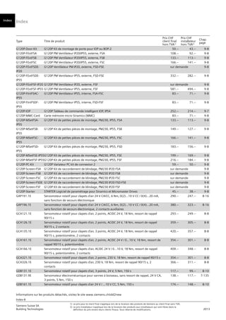 Index
Index-8
Siemens Suisse SA	
1)	 Le prix pour le client final s’applique lors de la livraison des produits de Siemens au client final sans TVA.
Building Technologies	
2) 	Le prix installateur s’applique lors de la livraison des produits aux installateurs qui sont libres dans la
	 2013
		
définition du prix envers leurs clients finaux. Sous réserve de modifications.
Informations sur les produits détachés, visitez le site www.siemens.ch/old2new
Type Titre de produit
Prix CHF
client final
hors TVA1)
Prix CHF
installateur
hors TVA2)
Chap.
page
Vorwort
Index
G120P-Door-Kit G120P Kit de montage de porte pour IOP ou BOP-2 50.-- 43.-- 9-8
G120P-FExtFSA G120P PM Ventilateur IP20/IP55, externe, FSA 108.-- 92.-- 9-8
G120P-FExtFSB G120P PM Ventilateur IP20/IP55, externe, FSB 133.-- 113.-- 9-8
G120P-FExtFSC G120P PM Ventilateur IP20/IP55, externe, FSC 166.-- 141.-- 9-8
G120P-FExtFSDE-
IP20
G120P Ventilateur PM IP20, externe, FSD-FSE sur demande 9-8
G120P-FExtFSDE-
IP55
G120P PM Ventilateur IP55, externe, FSD-FSE 332.-- 282.-- 9-8
G120P-FExtFSF-IP20 G120P PM Ventilateur IP20, externe, FSF sur demande 9-8
G120P-FExtFSF-IP55 G120P PM Ventilateur IP55, externe, FSF 581.-- 494.-- 9-8
G120P-FIntFSAC-
IP55
G120P PM Ventilateur IP55, interne, FSA-FSC 83.-- 71.-- 9-8
G120P-FIntFSDF-
IP55
G120P PM Ventilateur IP55, interne, FSD-FSF 83.-- 71.-- 9-8
G120P-IOP G120P Tableau de commande intelligent IOP, IP54 252.-- 214.-- 9-7
G120P-MMC-Card Carte mémoire micro Sinamics (MMC) 83.-- 71.-- 9-8
G120P-MSetFSA-
IP55
G120P Kit de petites pièces de montage, PM230, IP55, FSA 133.-- 113.-- 9-8
G120P-MSetFSB-
IP55
G120P Kit de petites pièces de montage, PM230, IP55, FSB 149.-- 127.-- 9-8
G120P-MSetFSC-
IP55
G120P Kit de petites pièces de montage, PM230, IP55, FSC 166.-- 141.-- 9-8
G120P-MSetFSD-
IP55
G120P Kit de petites pièces de montage, PM230, IP55, FSD 183.-- 156.-- 9-8
G120P-MSetFSE-IP55G120P Kit de petites pièces de montage, PM230, IP55, FSE 199.-- 169.-- 9-8
G120P-MSetFSF-IP55G120P Kit de petites pièces de montage, PM230, IP55, FSF 216.-- 184.-- 9-8
G120P-PC-Kit G120P Variateur PC kit de connexion 2 59.-- 50.-- 9-8
G120P-Screen-FSA G120P Kit de raccordement de blindage, PM230 IP20 FSA sur demande 9-8
G120P-Screen-FSB G120P Kit de raccordement de blindage, PM230 IP20 FSB sur demande 9-8
G120P-Screen-FSC G120P Kit de raccordement de blindage, PM230 IP20 FSC sur demande 9-8
G120P-Screen-FSDE G120P Kit de raccordement de blindage, PM230 IP20 FSD-FSE sur demande 9-8
G120P-Screen-FSF G120P Kit de raccordement de blindage, PM230 IP20 FSF sur demande 9-8
G120P-Starter STARTER Logiciel de paramétrage pour Sinamics et Micromaster Drives 45.-- 38.-- 9-8
GAP191.1E Servomoteur rotatif pour clapets d'air 24 V CA/CC, 6 Nm, 0(2)...10 V CC / 0(4)...20 mA,
sans fonction de secours électronique
290.-- 247.-- 8-16
GAP196.1E Servomoteur rotatif pour clapets d'air 24 V CA/CC, 6 Nm, 0(2)...10 V CC / 0(4)...20 mA,
sans fonction de secours électronique, 2 contacts auxiliaires
380.-- 323.-- 8-16
GCA121.1E Servomoteur rotatif pour clapets d'air, 2 points, AC/DC 24 V, 18 Nm, ressort de rappel
90/15 s
293.-- 249.-- 8-8
GCA126.1E Servomoteur rotatif pour clapets d'air, 2 points, AC/DC 24 V, 18 Nm, ressort de rappel
90/15 s, 2 contacts
359.-- 305.-- 8-8
GCA135.1E Servomoteur rotatif pour clapets d'air, 3 points, AC/DC 24 V, 18 Nm, ressort de rappel
90/15 s, potentiomètre, 2 contacts
420.-- 357.-- 8-8
GCA161.1E Servomoteur rotatif pour clapets d'air, 2 points, AC/DC 24 V / 0…10 V, 18 Nm, ressort de
rappel 90/15 s, potentiomètre
354.-- 301.-- 8-8
GCA166.1E Servomoteur rotatif pour clapets d'air, AC/DC 24 V / 0…10 V, 18 Nm, ressort de rappel
90/15 s, potentiomètre, 2 contacts
409.-- 348.-- 8-8
GCA321.1E Servomoteur rotatif pour clapets d'air, 2 points, 230 V, 18 Nm, ressort de rappel 90/15 s 354.-- 301.-- 8-8
GCA326.1E Servomoteur rotatif pour clapets d'air, 230 V, 18 Nm, ressort de rappel 90/15 s, 2
contacts
366.-- 311.-- 8-8
GDB131.1E Servomoteur rotatif pour clapets d'air, 3 points, 24 V, 5 Nm, 150 s 117.-- 99.-- 8-10
GDB131.9E Servomoteur électromécanique pour vannes à boisseau, sans ressort de rappel, 24 V CA,
3 points, 5 Nm, 150 s
138.-- 117.-- 7-135
GDB161.1E Servomoteur rotatif pour clapets d'air 24 V / ...10 V CC, 5 Nm, 150 s 174.-- 148.-- 8-10
 