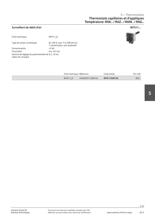 5 – Thermostats
5-33
Siemens Suisse SA	 Tous les prix sont des prix installateur standard sans TVA.
Building Technologies	 Définition voir dans l‘index. Sous réserve de modifications.	 www.siemens.ch/hit-en-ligne	 2013
5
05 - Thermostats
Thermostats capillaires et d'applique
Température RAK.. / RAZ.. / RAM.. / RAG..
5-33
2013Toutes les indications de prix sont des prix installateur suggérés sans TVA. Définition voir dans
l'index. Sous réserve de modifications.
Siemens Suisse SA
Building Technologies
5
Fiche technique INT511_D
Type de sorties numériques AC 250 V‚ max. 5 A‚ 300 VA ind.
1 convertisseur‚ sans potentiel
Consommation <3 VA
Fourchette env. 0‚5 m/s
Gamme de réglage du potentiomètre de
valeur de consigne
0.2...8 m/s
Surveillant de débit d‘air INT511...
Fiche technique Référence Code article Prix CHF
INT511_D CH6:INT51152N142 INT51152N142 405‚--
Thermostats capillaires et d‘appliques
Température: RAK.. / RAZ.. / RAM.. / RAG..
 